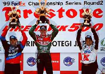 The podium. Gil de Ferran, 2nd, Adrian Fernandez, 1st, Christian Fittipaldi, 3rd. Michael L. Levitt, LAT Photographic