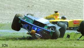 Pedro Diniz is trapped as Damon Hill cruises to a halt - Diniz was unhurt