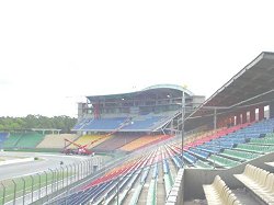 Coloured grandstands in Hockenheim. Image by Eileen Buckley.