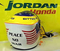 Jarno Trulli's helmet reflected the mood at the 2001 US GP. Image by Eileen Buckley.