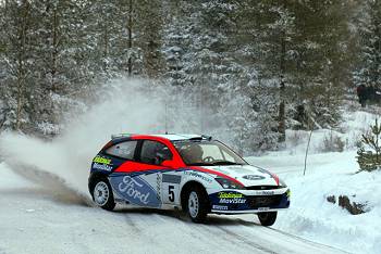 Colin McRae in the 2002 Swedish Rally - dropped from 3rd to 11th with a broken wheel on day two. Can he get into the points? Image by Ford.