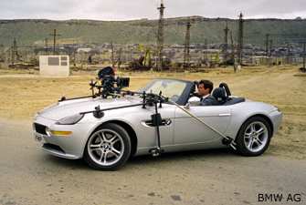 Pierce Brosnan takes the BMW Z8 through it's paces on the set of 'The World is not Enough'