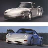 The Porsche 959 prototype (bottom) and as launched in production format.