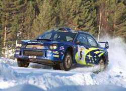 Petter Solberg in the Subaru Impreza. Photograph by Robert Chambers.
