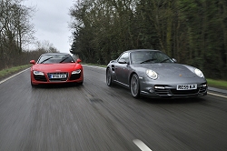 2010 Audi R8 V10 Spyder vs. Porsche 911 Turbo Cabriolet. Image by Max Earey.