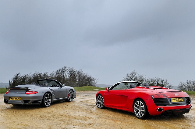 Car clash: Audi R8 Spyder vs. Porsche 911 Turbo Cabriolet. Image by Max Earey.