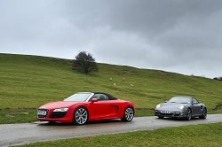 2010 Audi R8 V10 Spyder vs. Porsche 911 Turbo Cabriolet. Image by Max Earey.