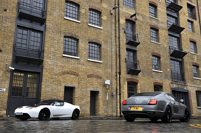 Tesla Roadster Sport vs. Bentley Continental Supersports. Image by Max Earey.